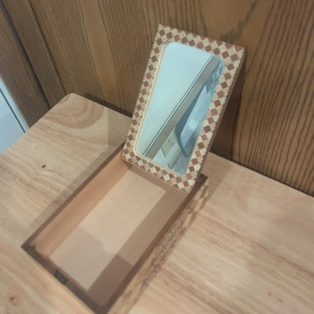 VTG Japanese Hakone Yosegi Zaiku Wood Mosaic Jewelry Box with Mirror Marquetry